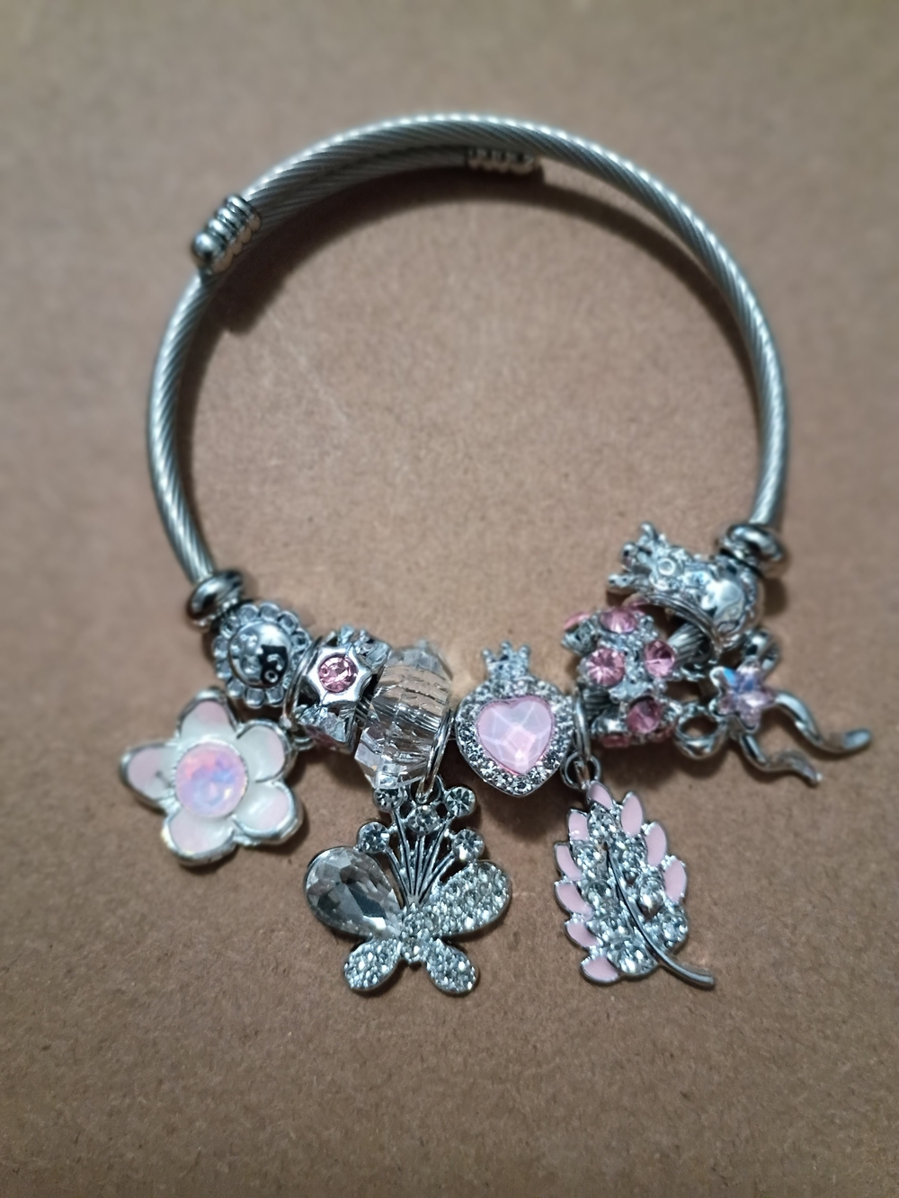 Silver Charm Bracelet with Pink Accents